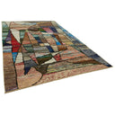 Contemporary abstract geometric rug with vibrant colors and textured design.