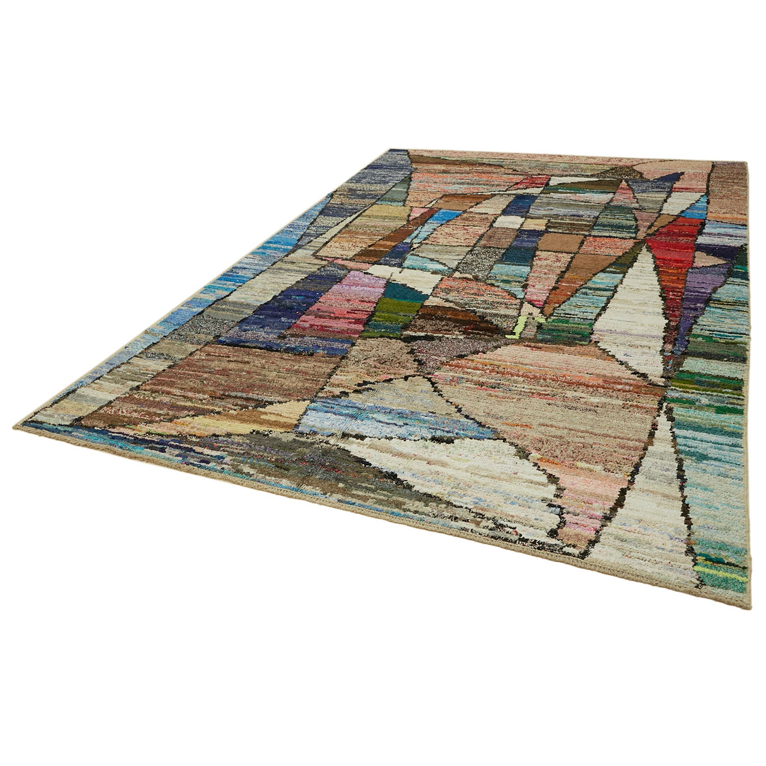 Colorful geometric rug with modern abstract design on plain surface.