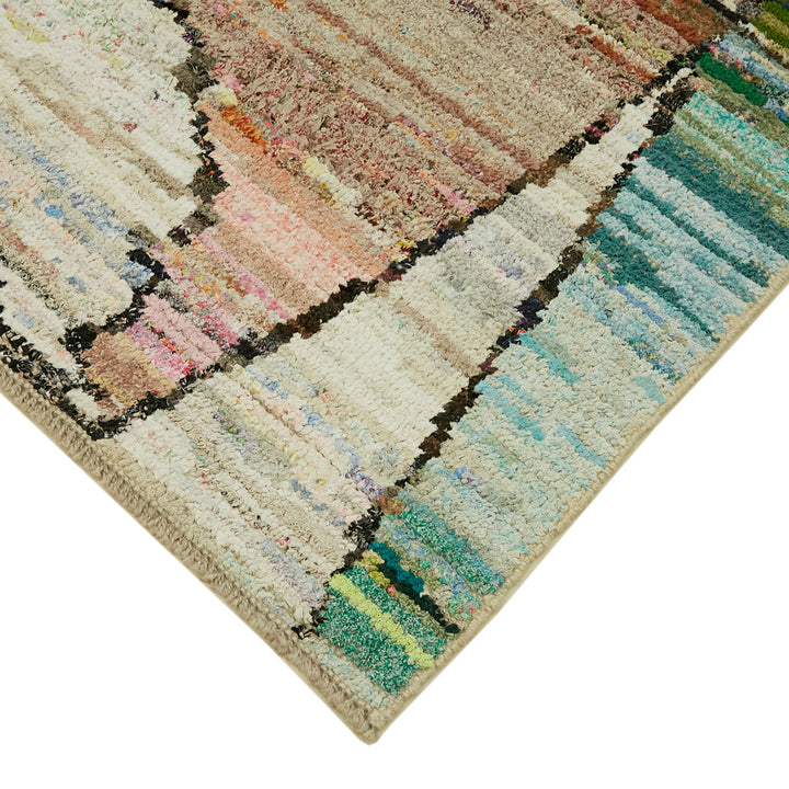 Vibrant multicolored rug with textured surface adds comfort and style.