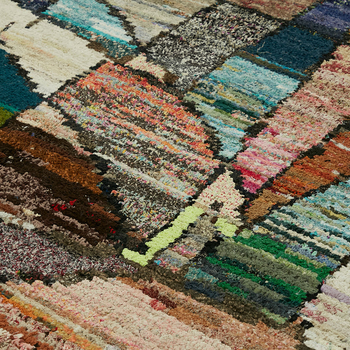 Close-up of a textured rug displaying vibrant colors and patterns.