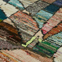 Close-up of a textured rug displaying vibrant colors and patterns.