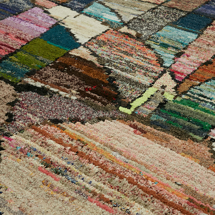 Vibrant and eclectic close-up of a colorful, patterned rug texture.