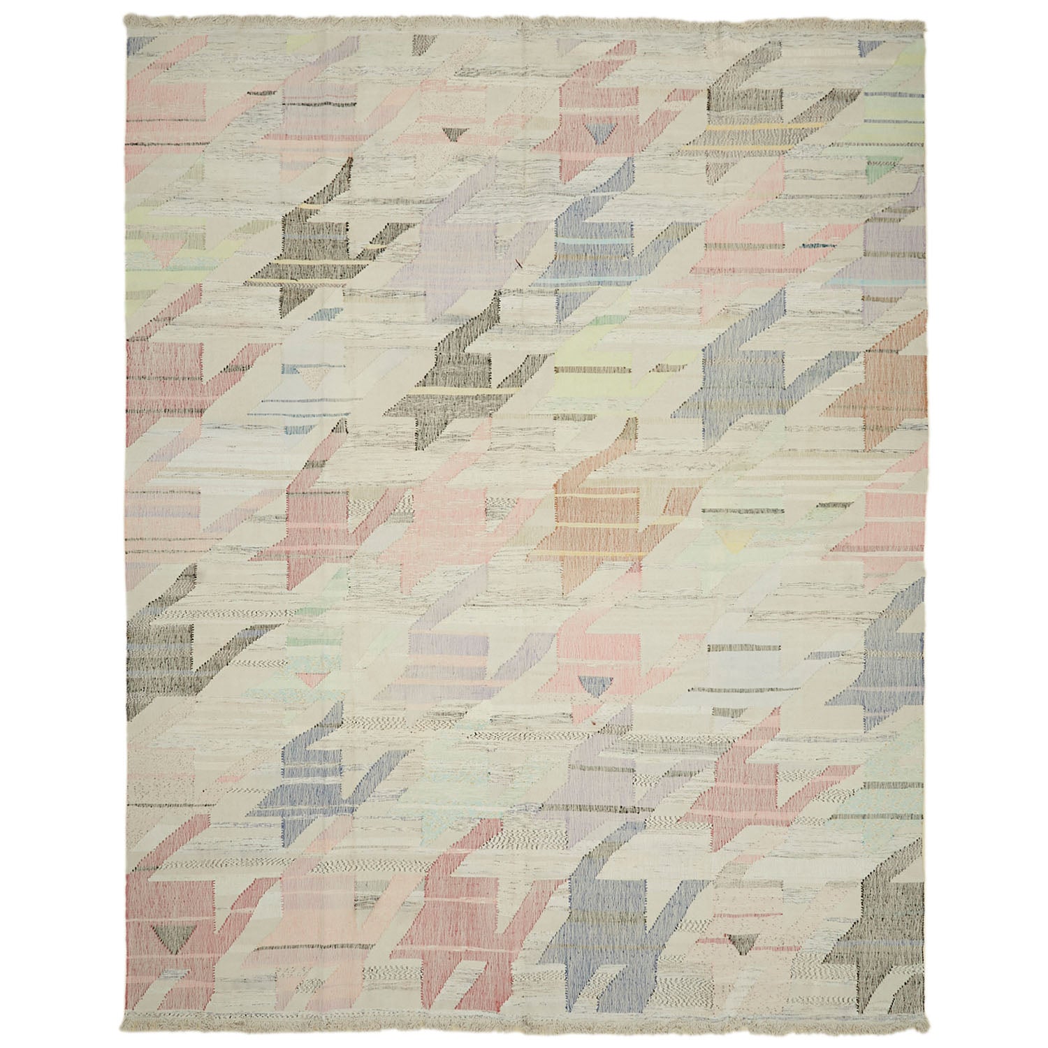 Intricately designed textile with soft pastel colors adds elegance to any room.