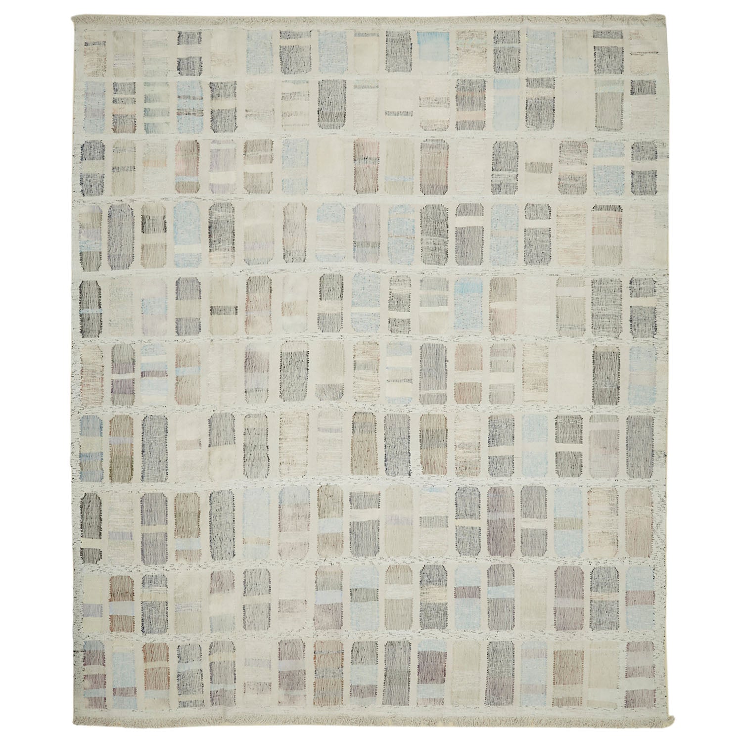 Contemporary rug with geometric pattern in neutral and pastel shades.