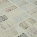Close-up view of a patchwork rug with diverse textured squares