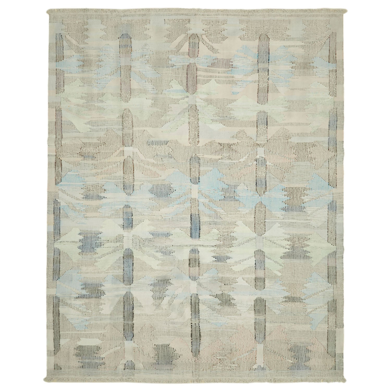 Symmetrical textile with geometric abstract pattern boasts soft colors and balance.