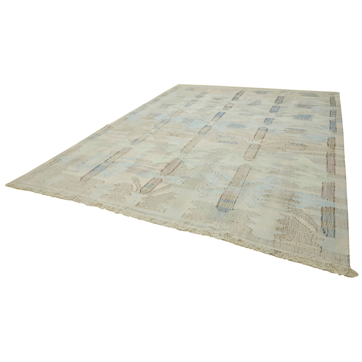 Contemporary rectangular rug with abstract brushstroke design and fringe detailing.