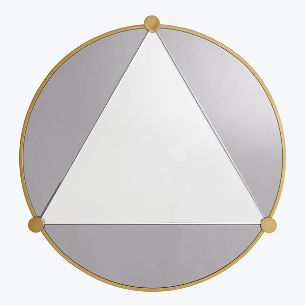 Geometric gold-framed mirror with pie-chart-like pattern and varying reflections.