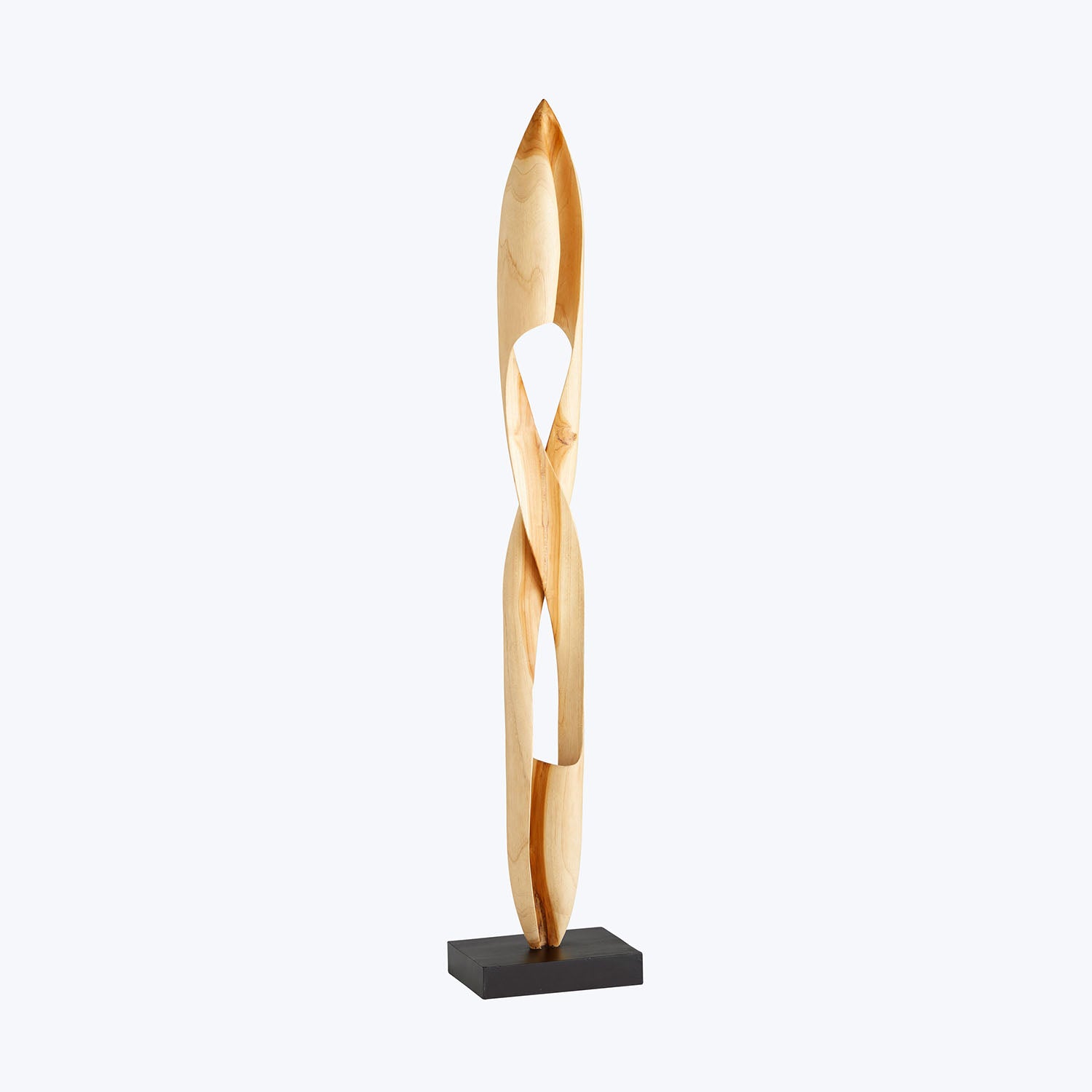 Elegant wooden sculpture on black base portrays fluidity and interconnectedness.