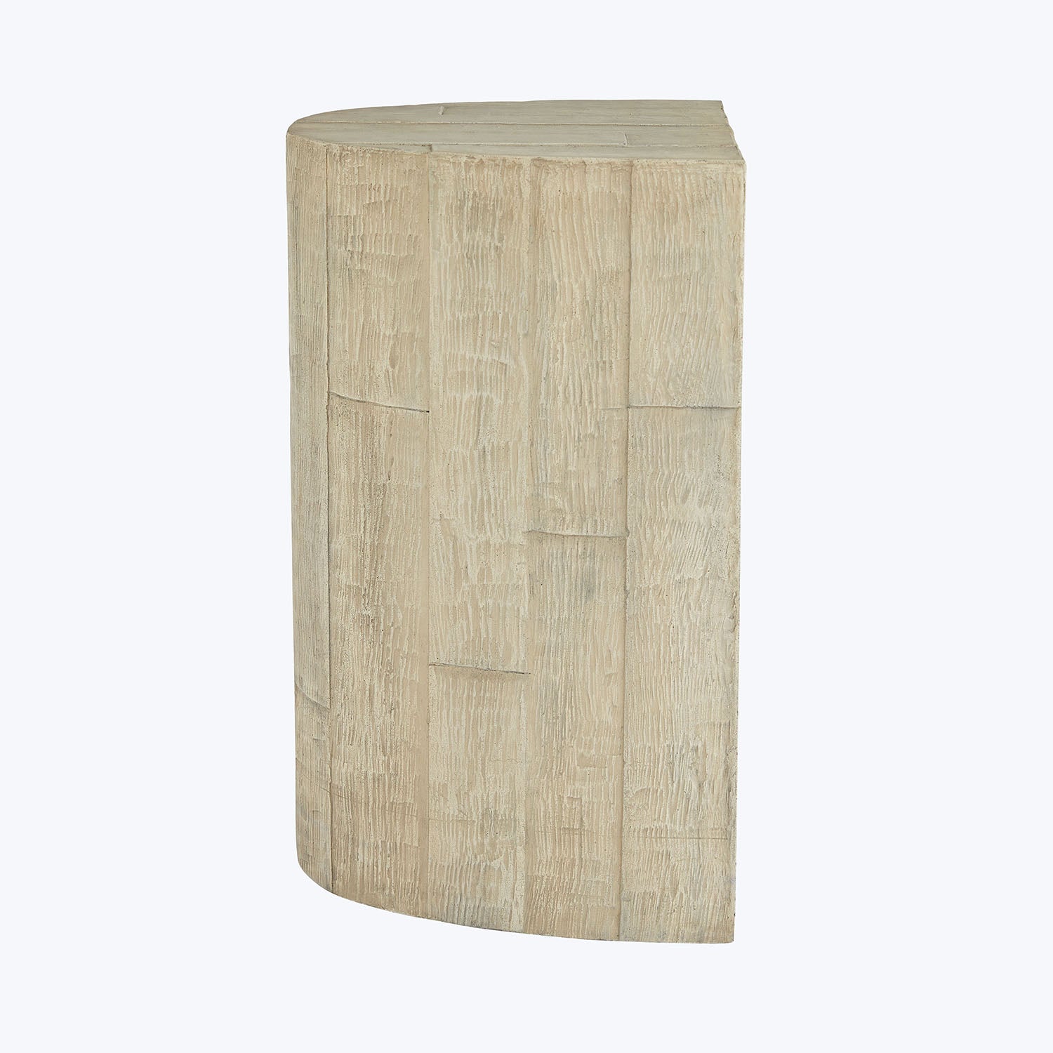 Aged wooden block with curved edge adds rustic charm.
