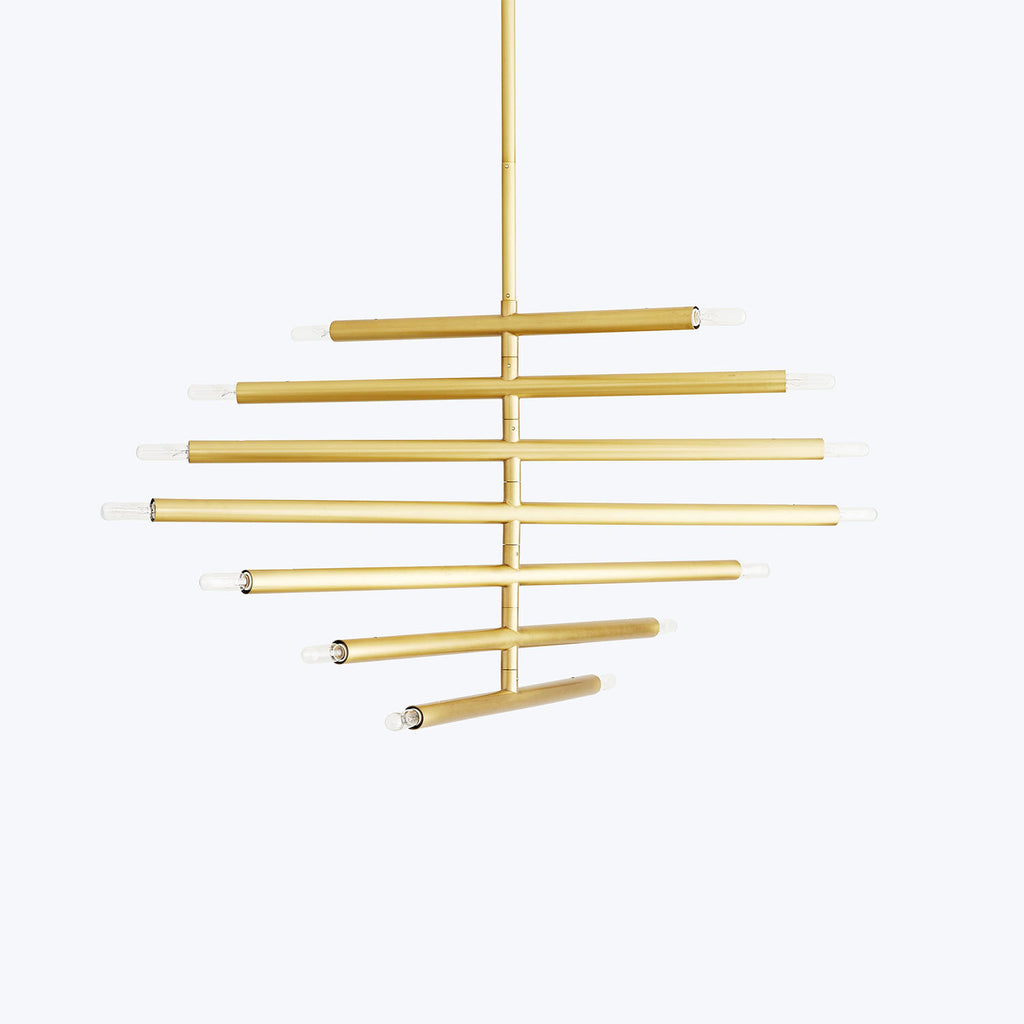 Modern geometric chandelier with brass rods and LED capsule bulbs.