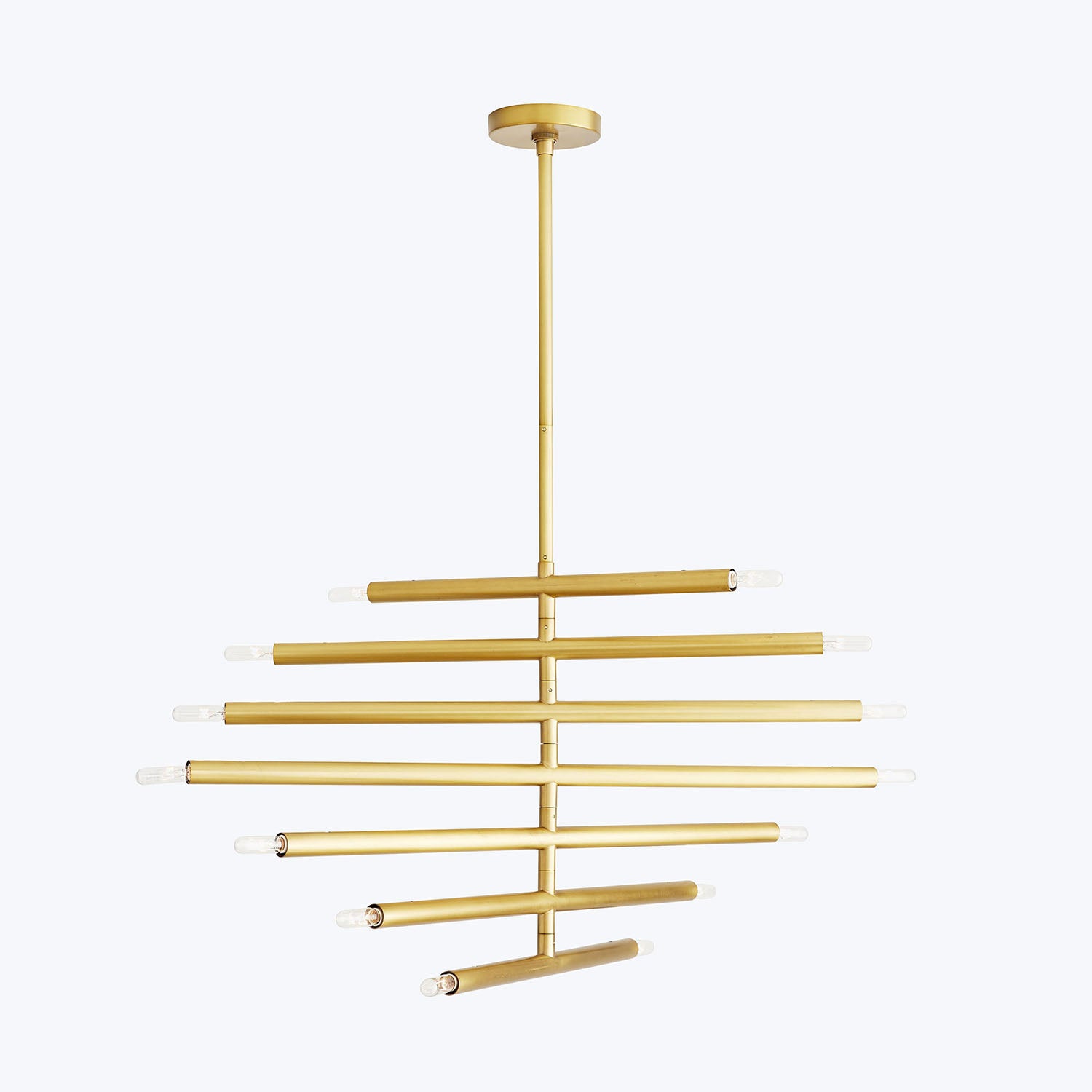 Contemporary tiered chandelier with sleek cylindrical light sources and minimalist design.