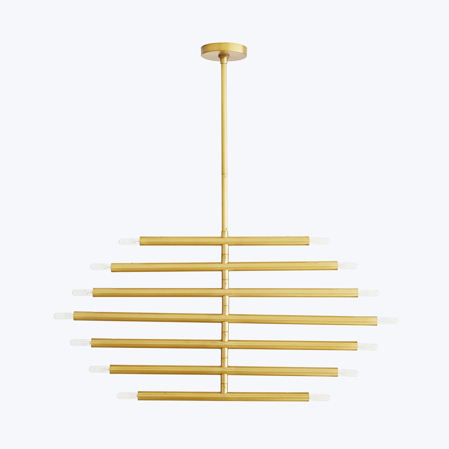 Modern minimalist chandelier with brass rods and sleek LED lights.