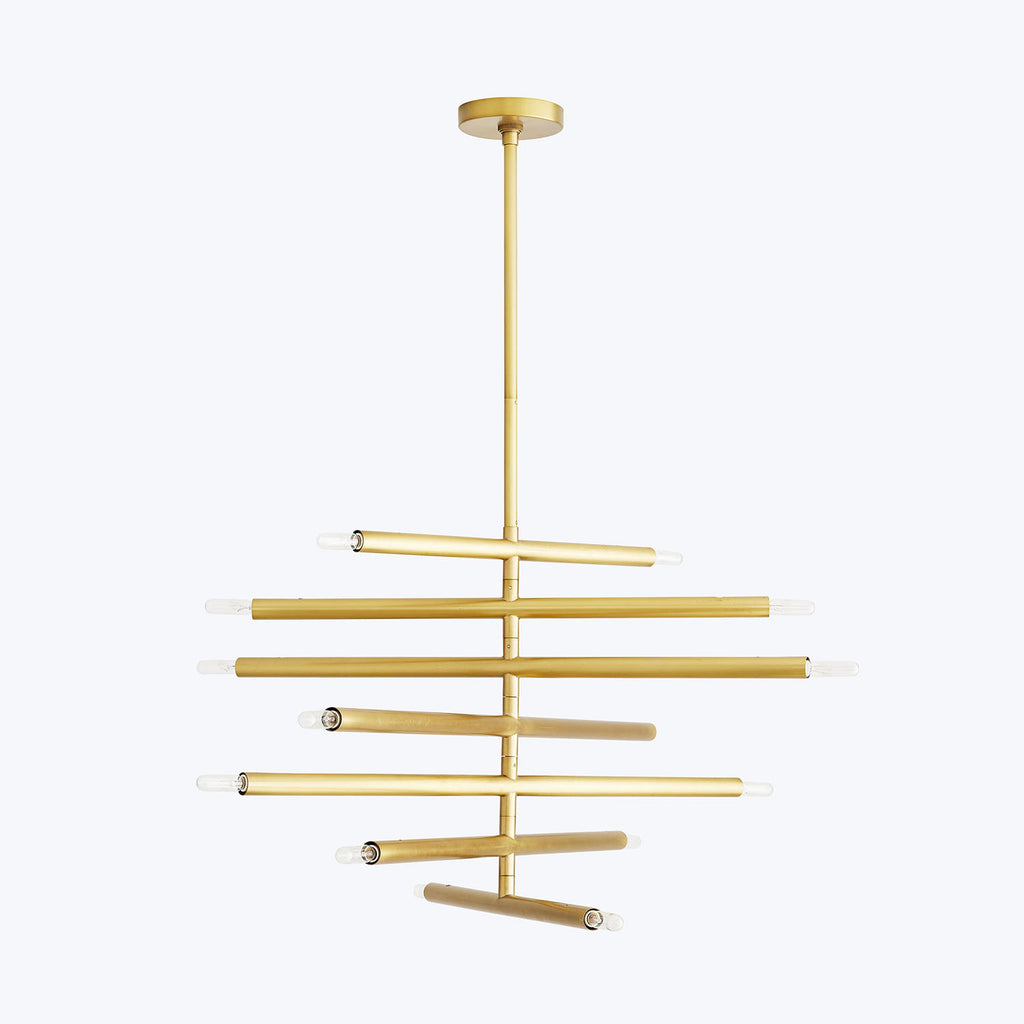 Sleek, contemporary chandelier with geometric design adds elegance to space.