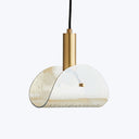 Contemporary pendant light with metallic cylinder and textured glass shade.