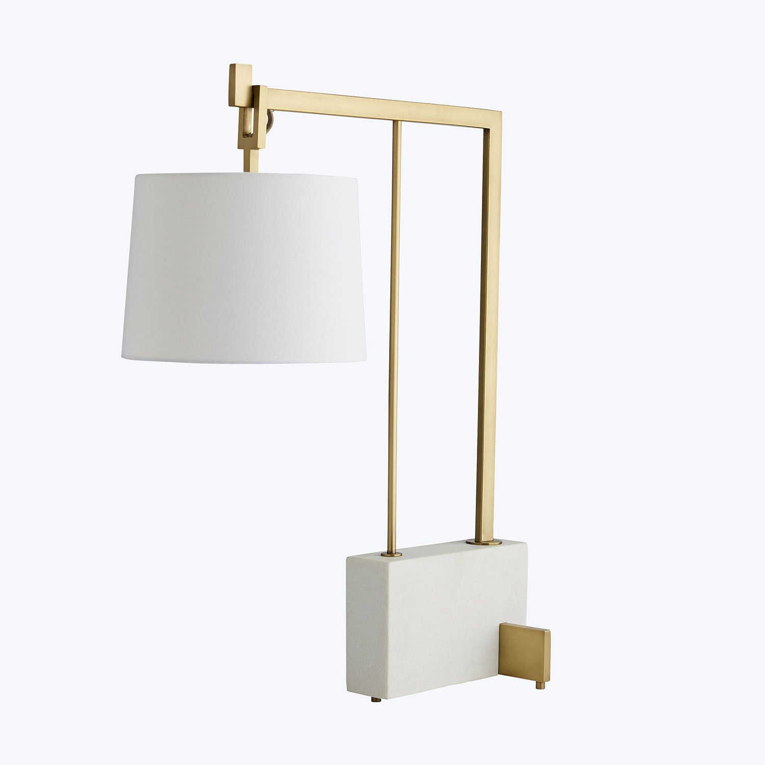 Modern table lamp with sleek golden frame and white shade.
