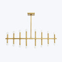 Contemporary chandelier with minimalist design emits a warm golden glow.