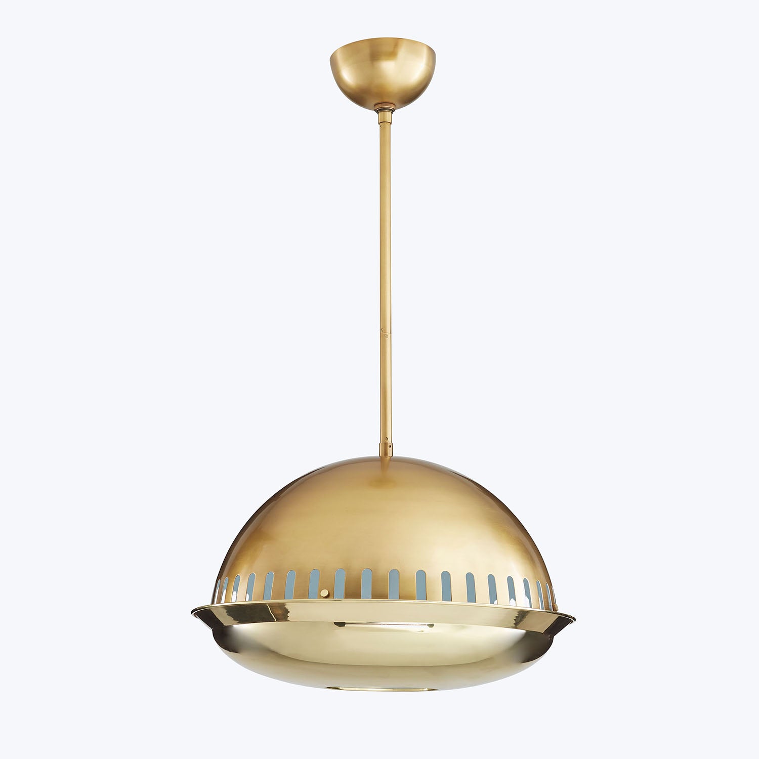 Modern pendant light with a mid-century design aesthetic and brass finish.