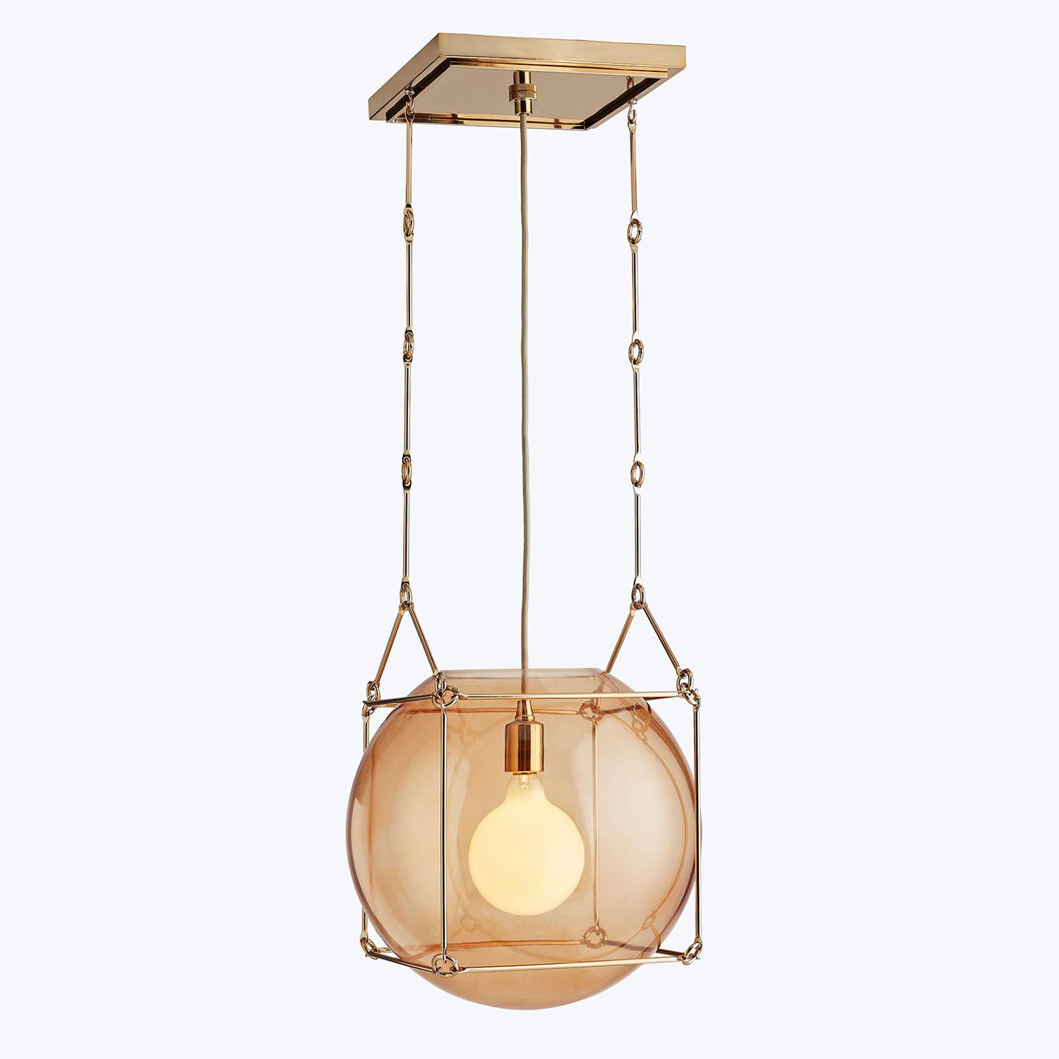 Modern pendant light with amber-tinted glass globe and geometric frame.