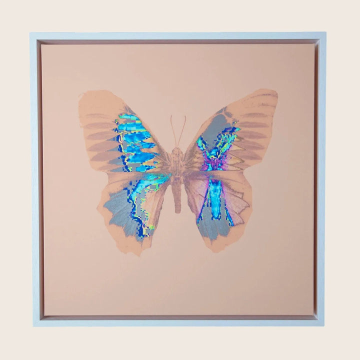 Colorful abstract butterfly art with iridescent foil detailing on wings.