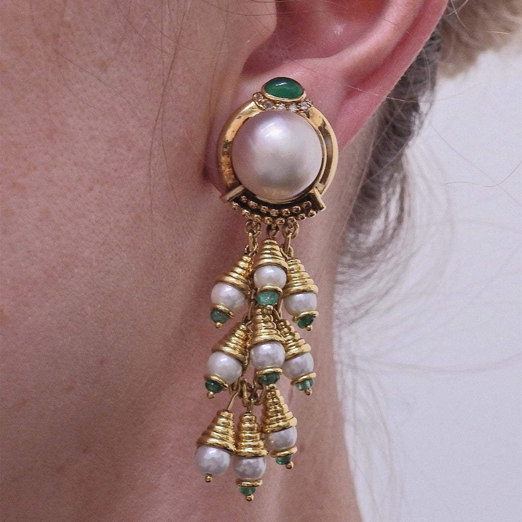 18k Gold Pearl and Emerald drop earrings Default Title