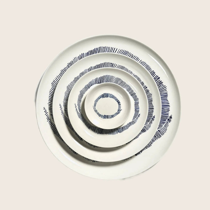 Modern ceramic plates with concentric circle pattern in blue/black lines.