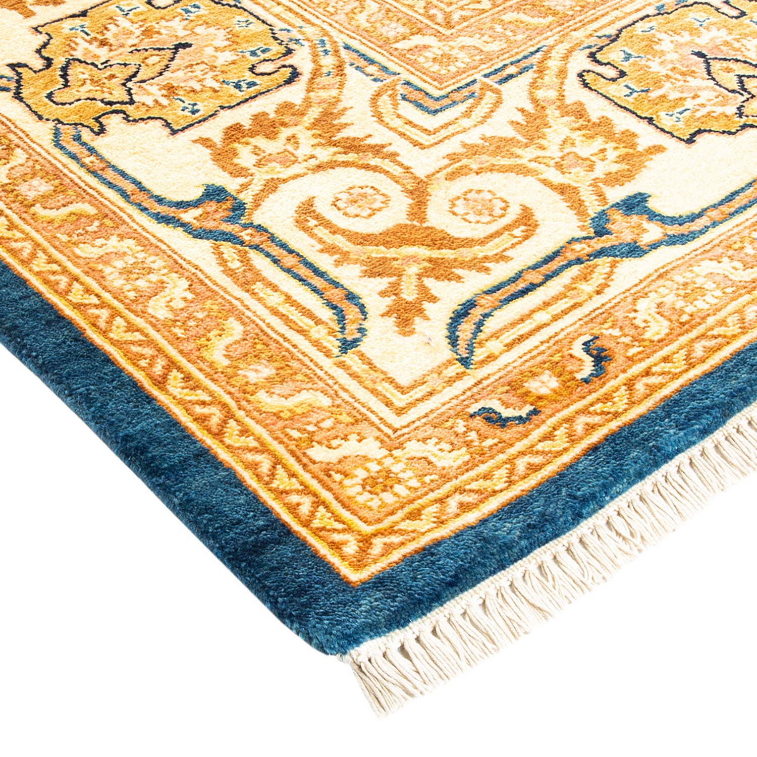 Exquisite and luxurious Persian rug with intricate golden and blue patterns.
