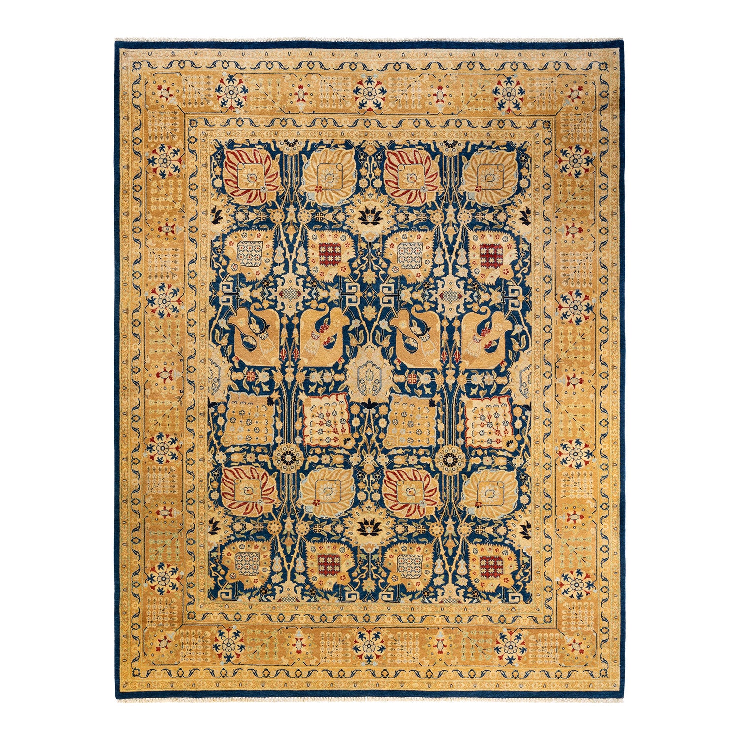 Exquisite hand-knotted rectangular rug showcases intricate designs and meticulous craftsmanship.