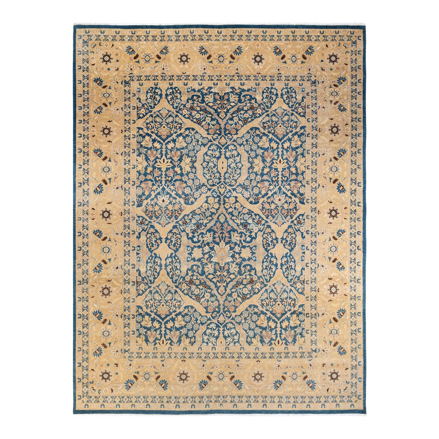 Intricate Persian rug with ornate central medallion and scrolling motifs.