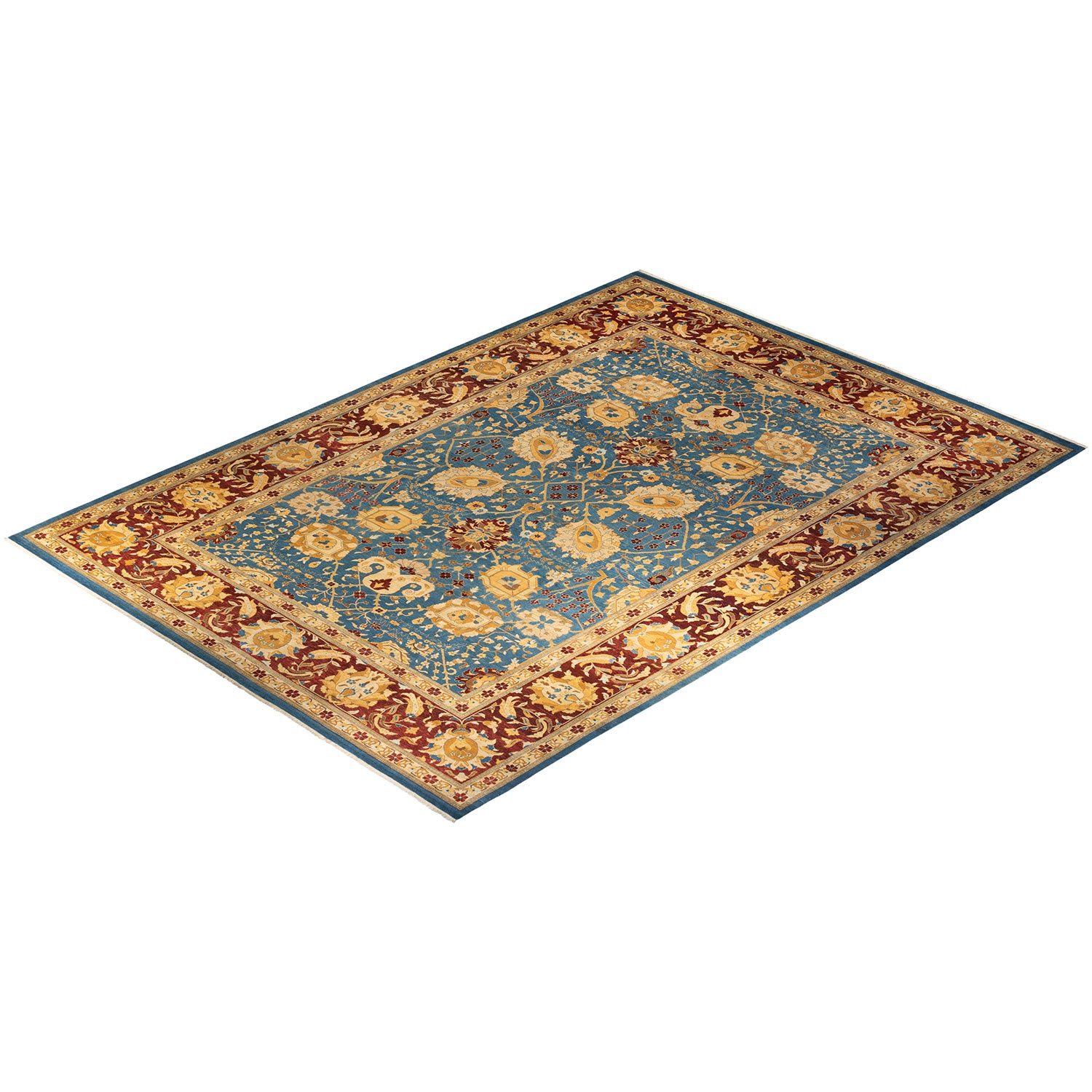 Exquisite Persian-inspired area rug with intricate blue and gold patterns.