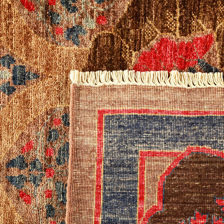 Intricately woven handcrafted rug with traditional oriental patterns and vibrant colors.