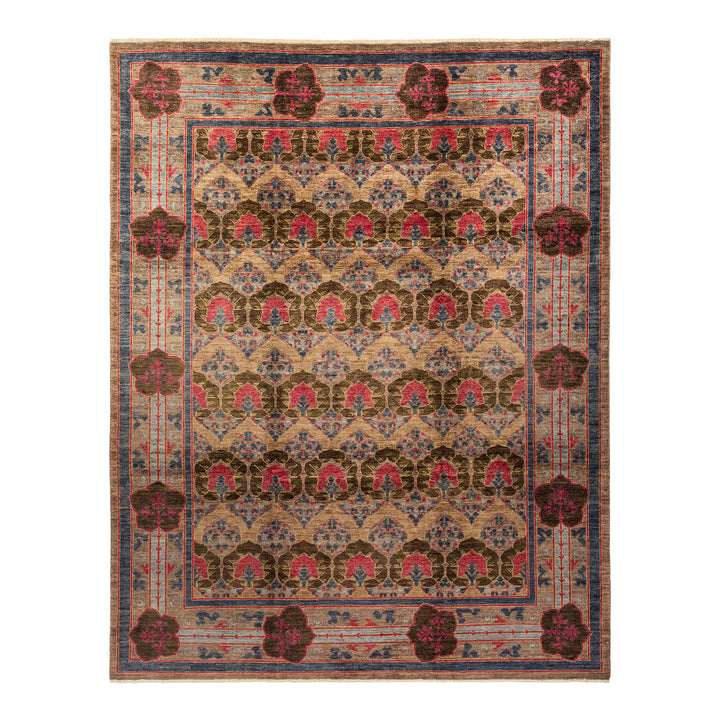 Intricate machine-made rug features symmetrical floral and geometric motifs.