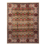 Intricate machine-made rug features symmetrical floral and geometric motifs.