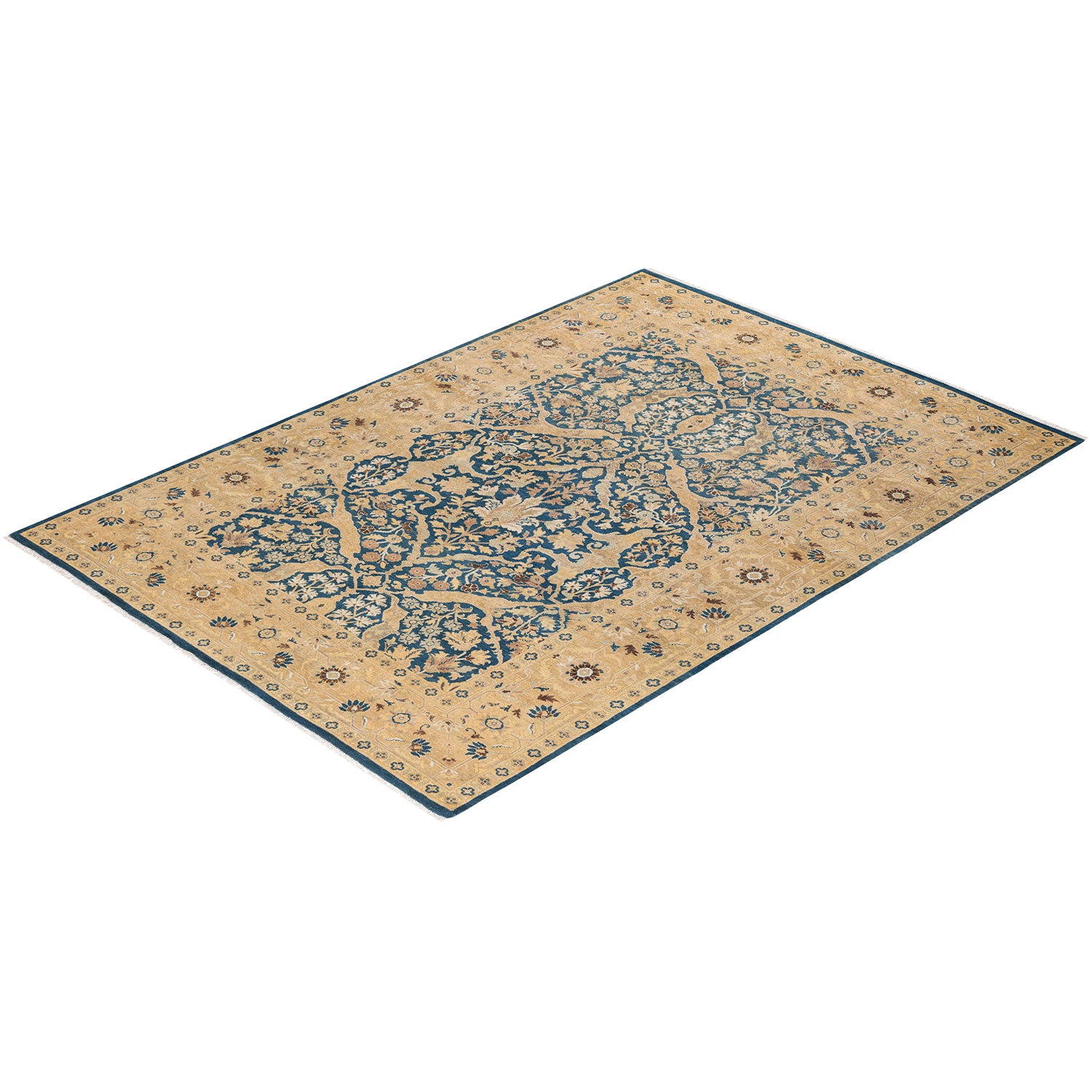 Rectangular area rug with ornate Persian design in shades of blue on beige background
