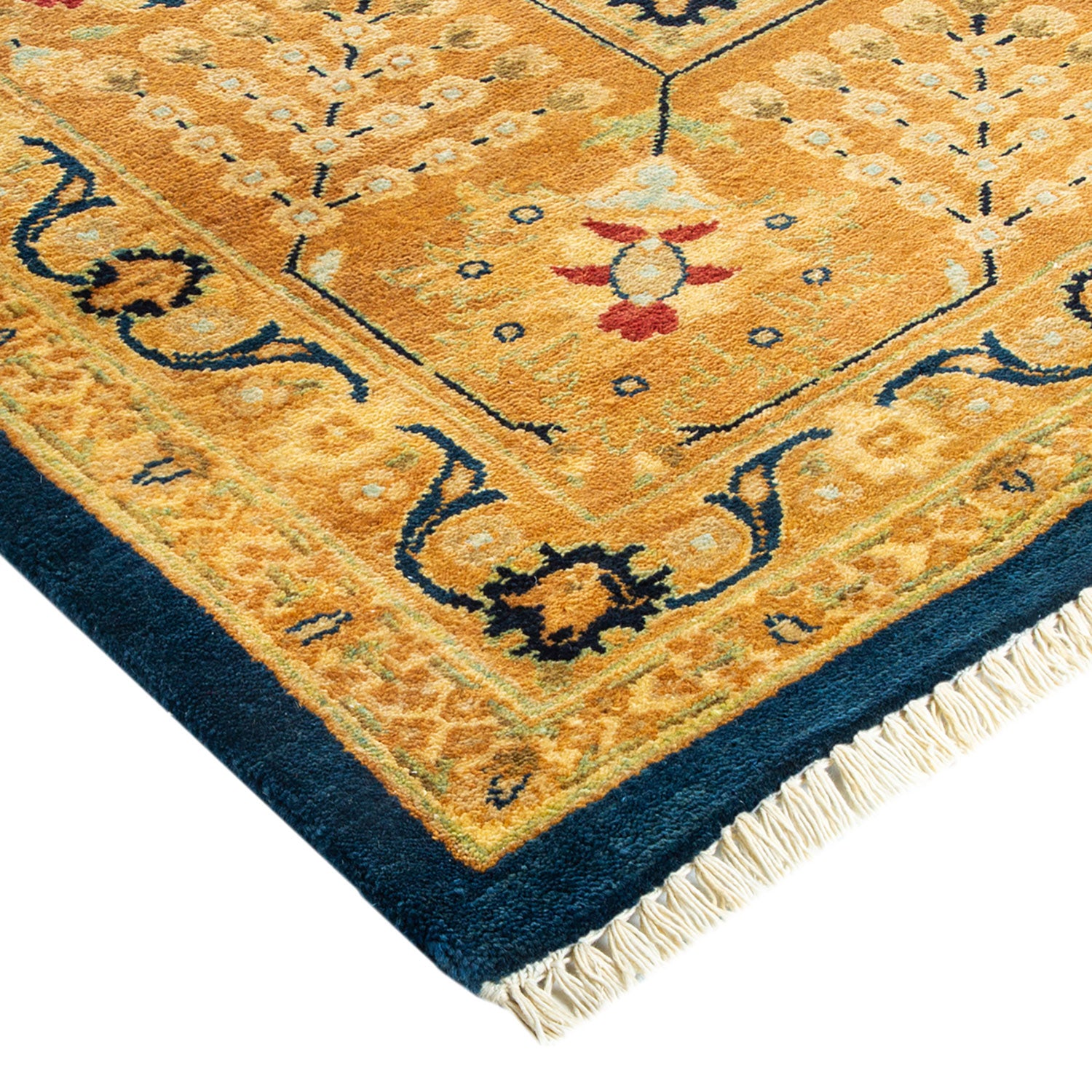 Exquisite handwoven rug showcases intricate designs and vibrant color palette.