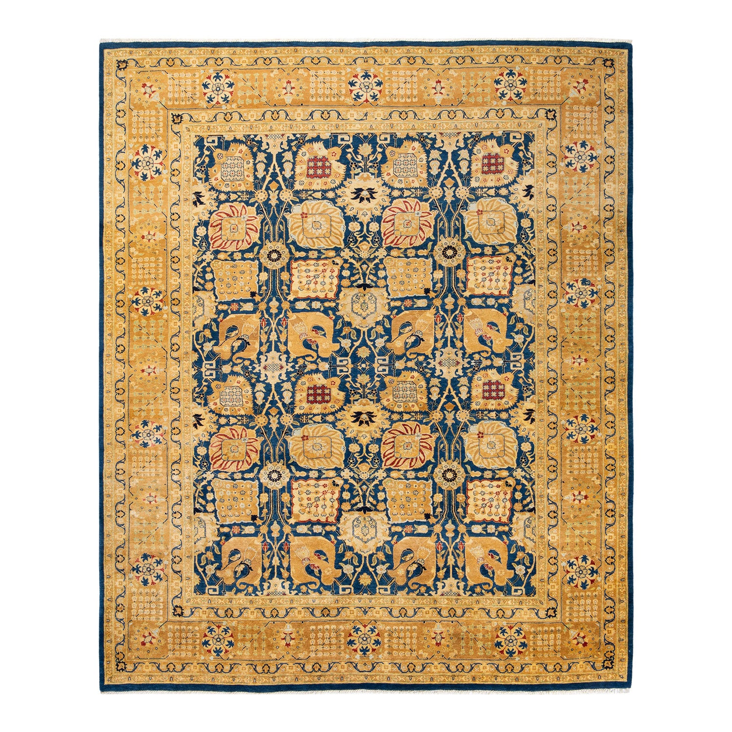 Exquisite handwoven rug showcases intricate design in rich color palette.