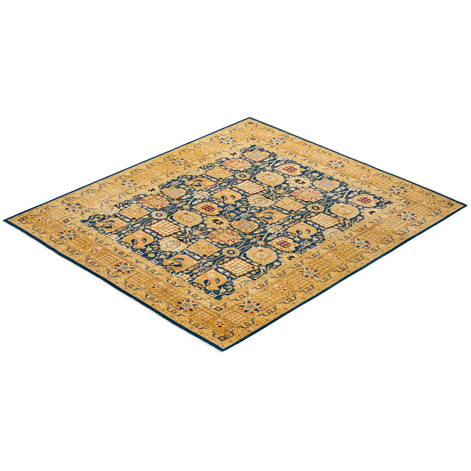 Vibrant golden-yellow area rug with intricate Persian-inspired patterns.