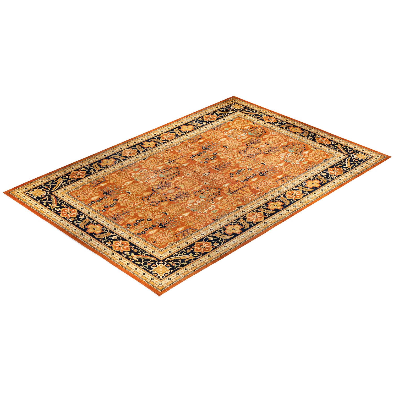 Intricately patterned rectangular rug with dominant orange and blue hues.