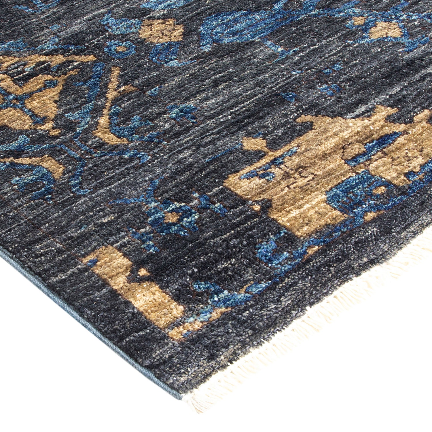 Exquisite Persian-style rug with ornate blue and gold patterns.