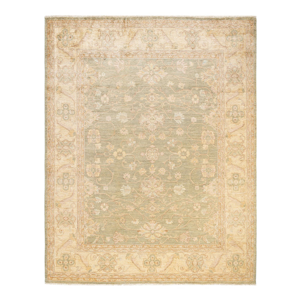 Vintage-style rectangular area rug with intricate floral motifs and scrollwork