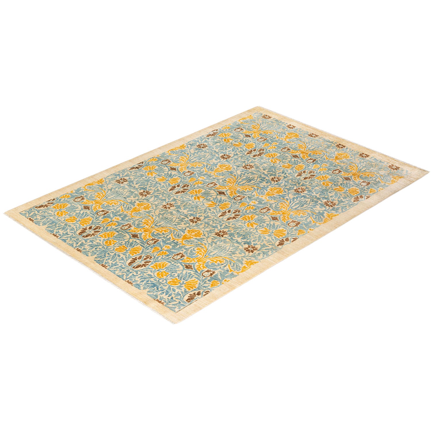 Vintage-inspired floral rug in yellow, gold, and brown hues