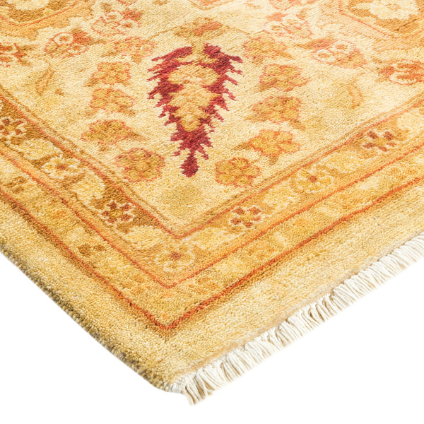 Intricately designed handwoven carpet featuring traditional Middle Eastern influence.