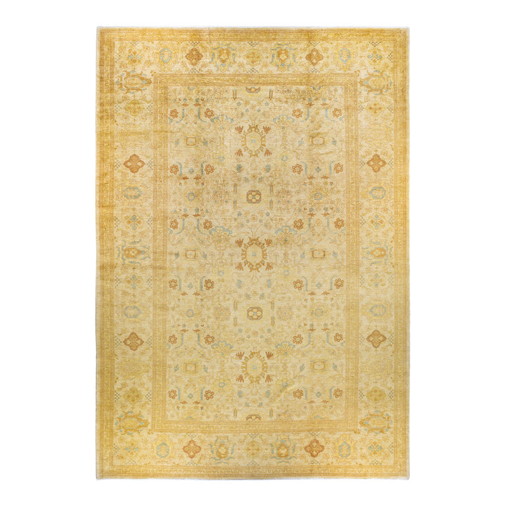 An intricately designed, vintage-looking rug with floral and geometric motifs.