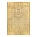 An intricately designed, vintage-looking rug with floral and geometric motifs.