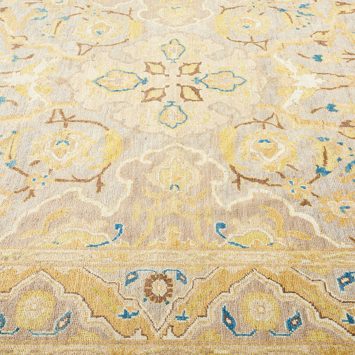 A close-up of a symmetrical, ornate carpet with soft textures.