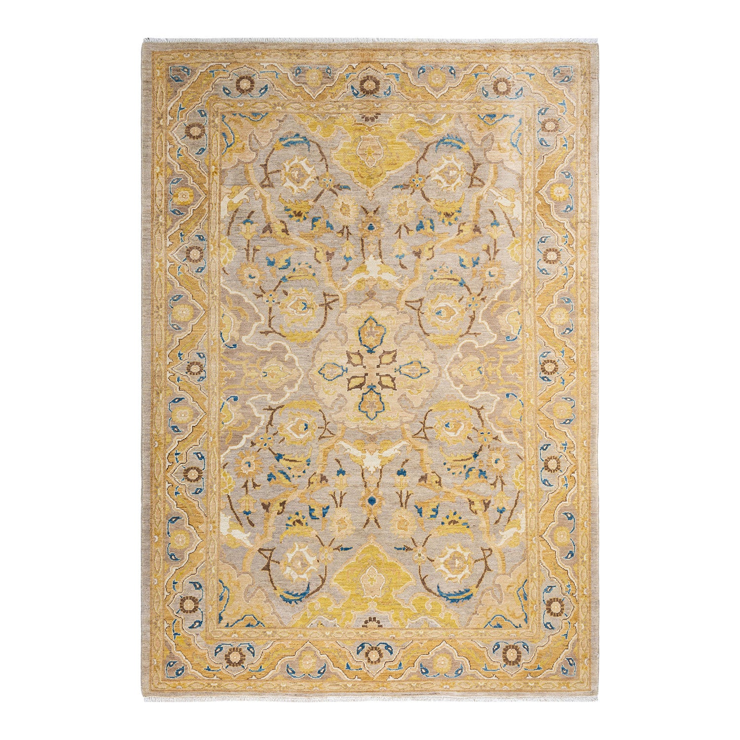 Exquisite rectangular area rug showcases intricate floral and geometric motifs.