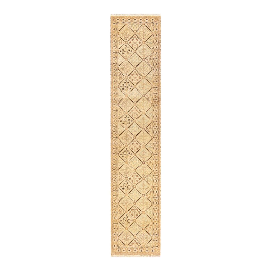 Traditional rug runner featuring diamond and floral motifs in beige