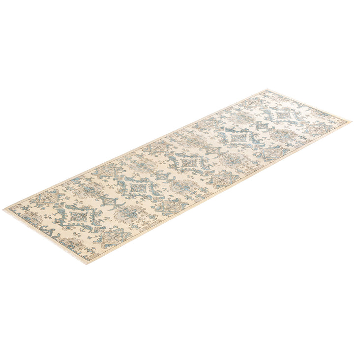 Elegant blue and cream hallway runner with ornate vintage design.