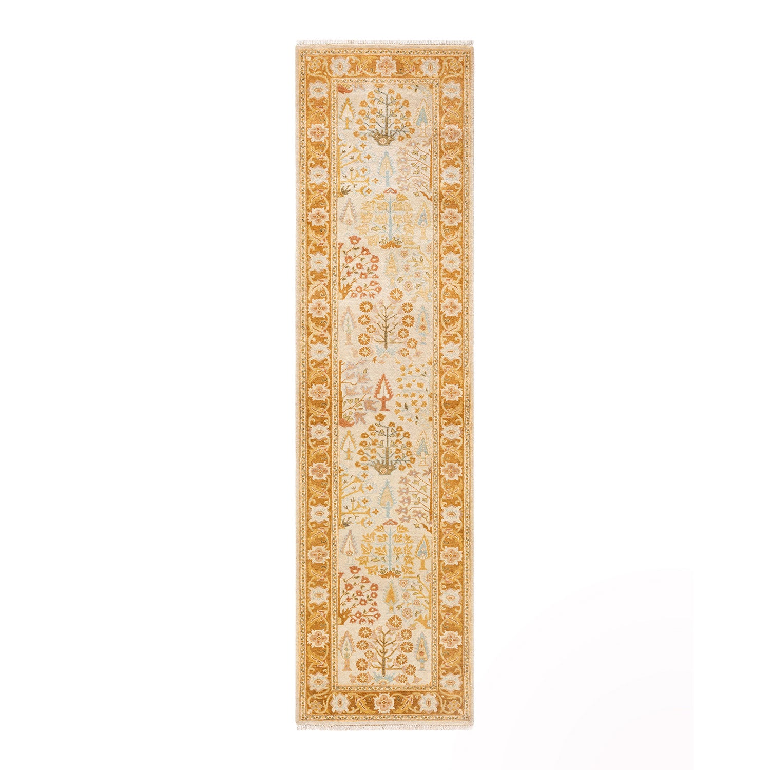 Intricate floral and vegetal motifs adorn a Persian-style runner rug.