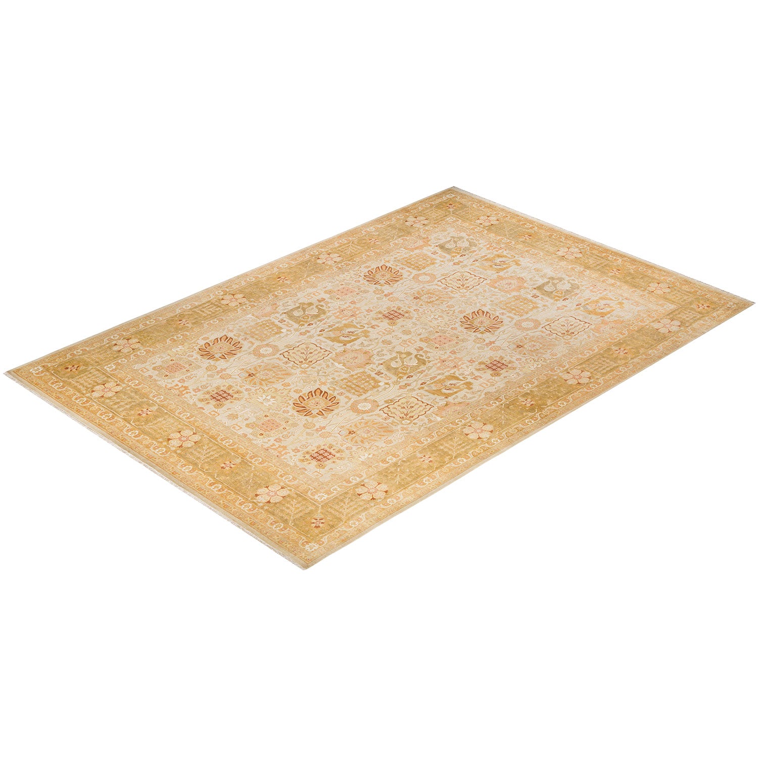 Rectangular area rug with intricate pattern in subdued colors.